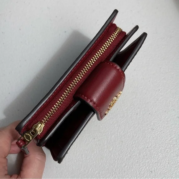 Coach Signature Medium Corner Zip Wallet Khaki Brown Tan Cherry Red Snap Button - Picture 4 of 17